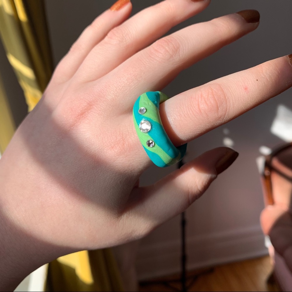 Handmade Sparkly Blue Green Marble Swirl Clay Ring